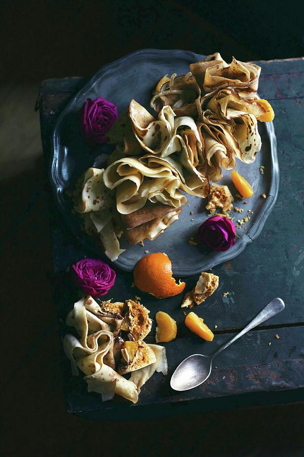 A Honeycomb Cake With Crpes, Chocolate And Hazelnut Spread And Mandarin Orange #1 Photograph by Great Stock!