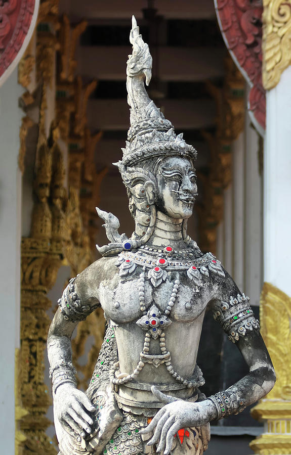 Architecture Photograph - A Kinnara Statue, Wat Chang Kam Phra Wihan, Wiang Kum Kam, Chian #1 by Derrick Neill