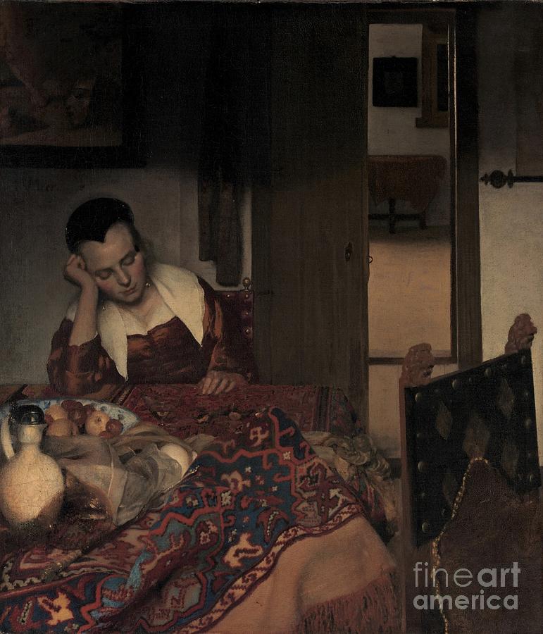 Jan Vermeer Painting - A Maid Asleep  AKG5060336 by Jan Vermeer