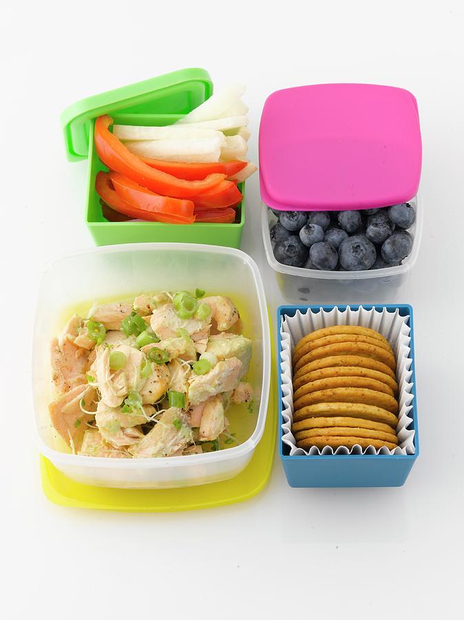 A Packed Lunch With Chicken, Vegetables, Blueberries And Crackers #1 Photograph by Kurt Wilson