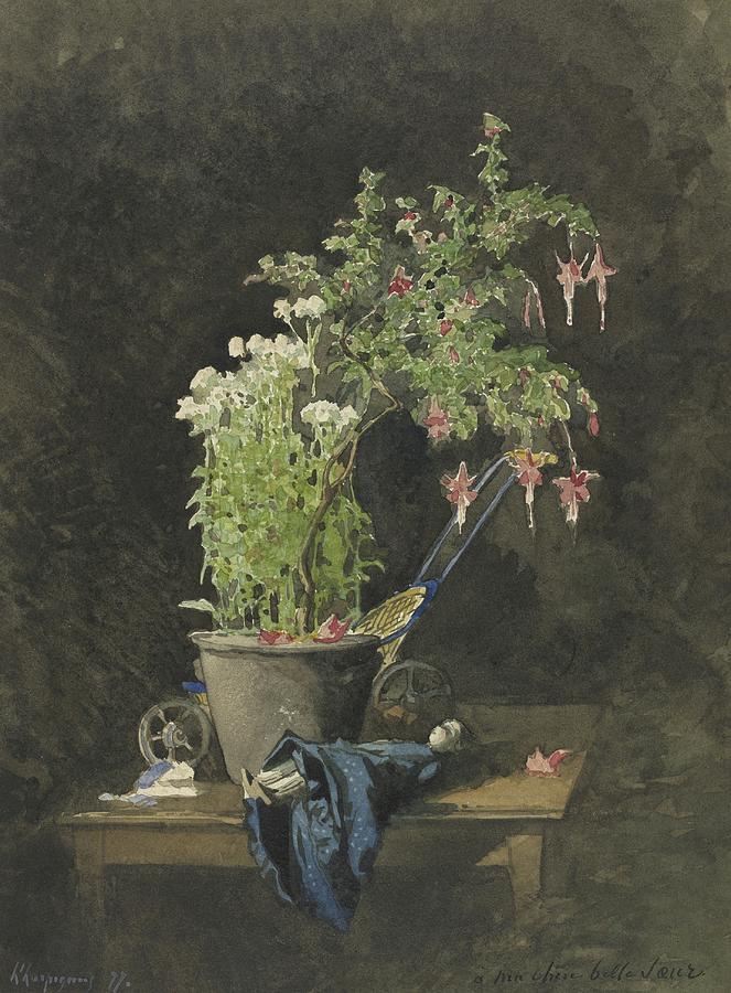 Flower Painting - A Potted Fuchsia With Childrens Toys by Henri-joseph Harpignies