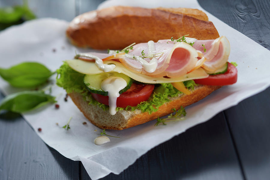 A Sandwich With Ham, Cheese, Mayonnaise And Cress #1 Photograph by Frank Weymann