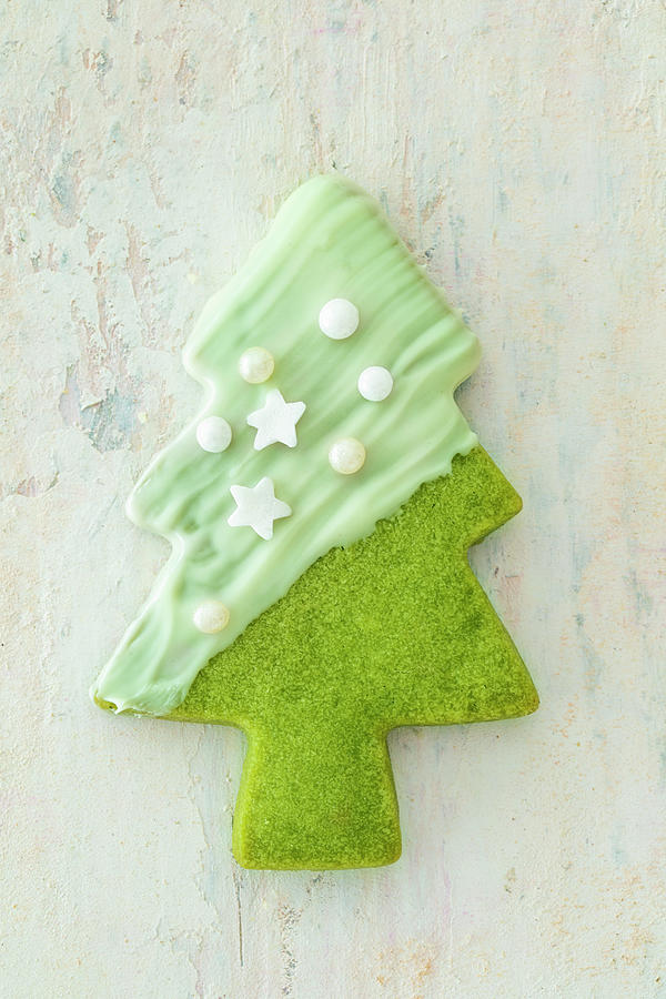 A Shortbread Christmas Tree With Matcha Powder And White Chocolate #1 Photograph by Jan Wischnewski