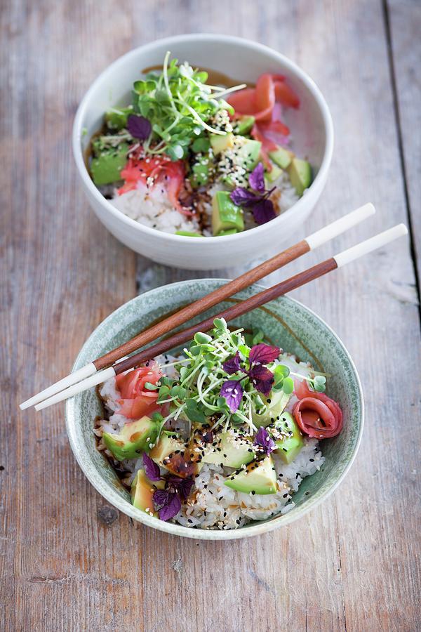 A Sushi Bowl With Avocado, Cress, Soy Sauce And Pickled Ginger #1 Photograph by Eising Studio