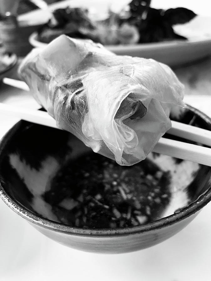 A Vietnamese Spring Roll On Chopsticks #1 Photograph by Eising Studio