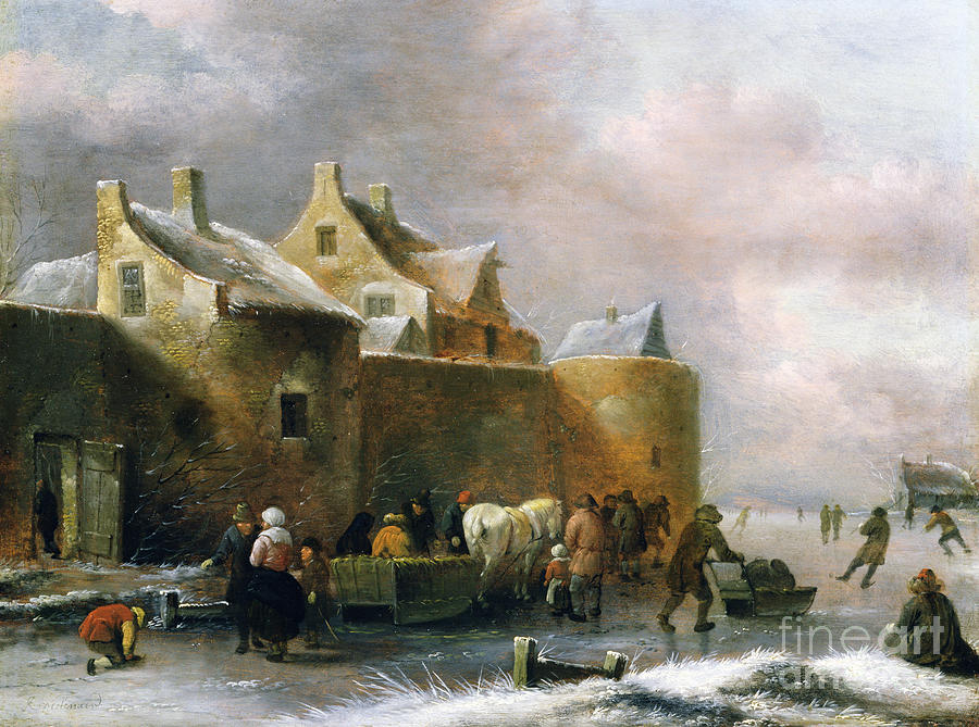 Architecture Painting - A Winter Landscape With Numerous Figures On A Frozen River Outside The Town Walls by Claes Molenaer
