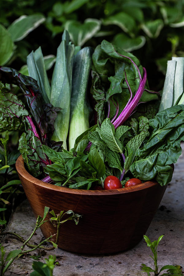 A Wooden Bowl Filled With Vegetables And Herbs In The Garden - Rainbow Swiss Chard, Leeks, Tomatoes, Mint And Basil #1 Photograph by Ryla Campbell