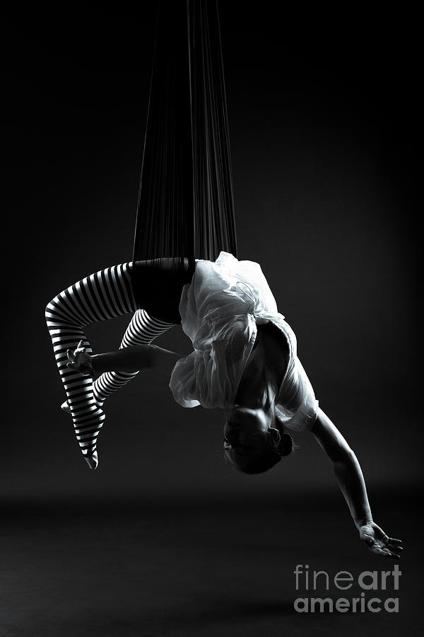 A young woman floats in cloth acrobatic poses - head down #2 Photograph by  Performance Image Europe - Fine Art America