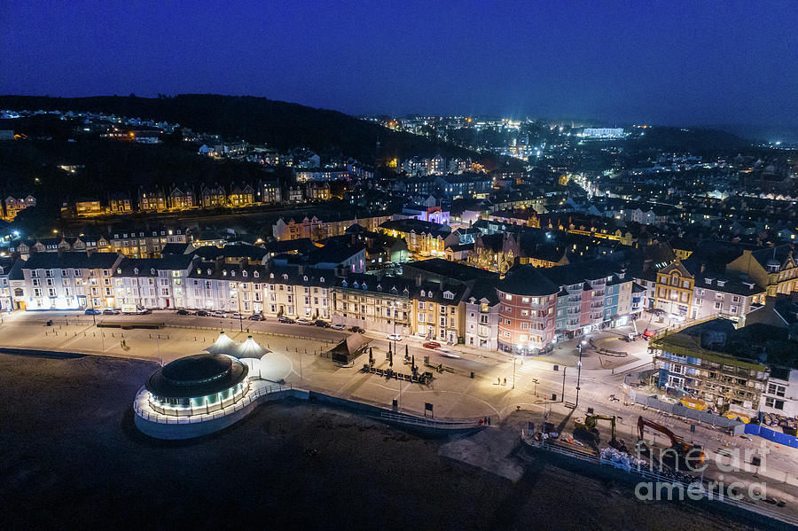 Landscape Photograph - Aberystwyth Wales at night from the air #1 by Keith Morris
