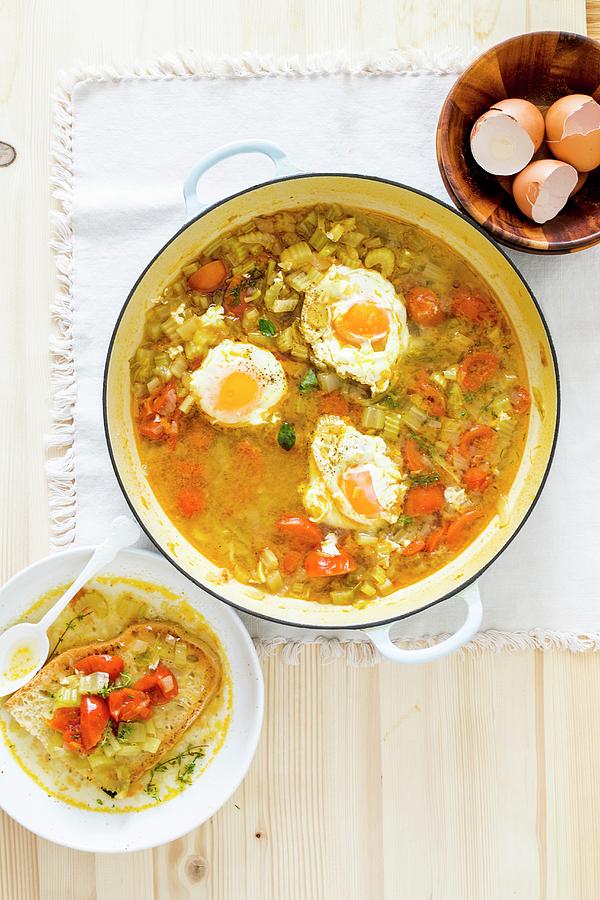 Acquacotta tuscan Vegetable Soup With Egg And Bread Photograph by ...