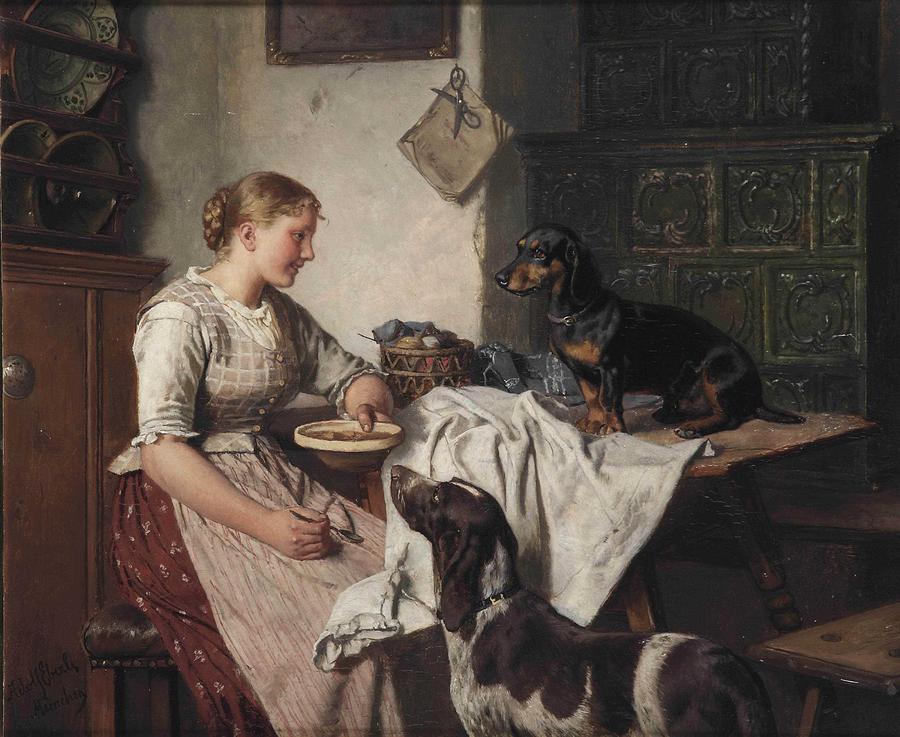 Dog Painting - Adolf Eberle - Feeding the dogs #1 by Celestial Images