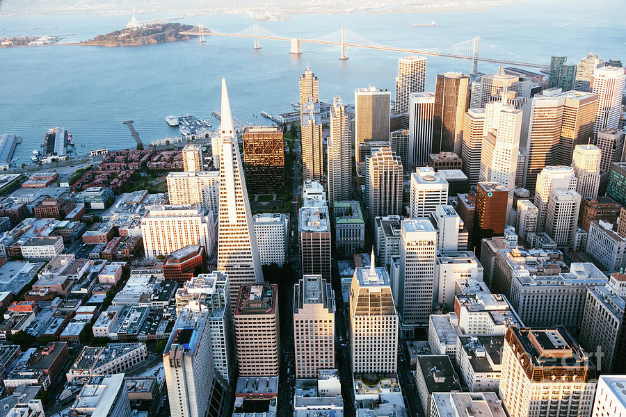 Aerial of downtown district at sunset, San Francisco, USA #1 Photograph by Matteo Colombo