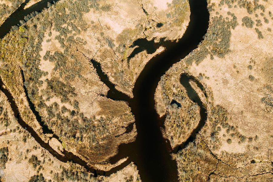 Nature Photograph - Aerial View Curved River In Early #1 by Ryhor Bruyeu