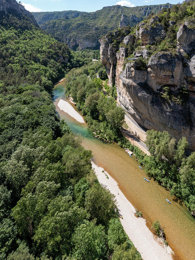 Aerial View Of Canoes On River In Tarn Gorges. Lozere #1 Photograph by ...