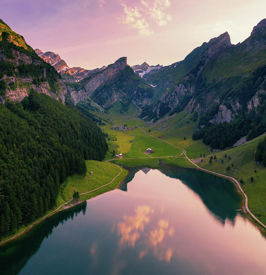Aerial View Of The Seealpsee Lake In The Swiss Alps At Sunset