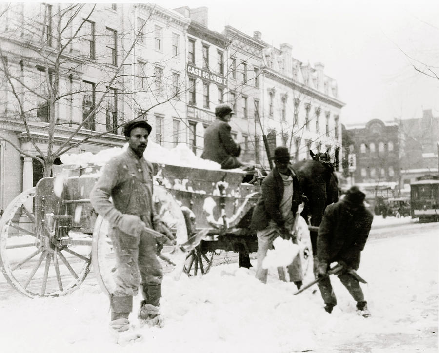 African American men shoveling snow in street, Washington, D.C #1 Painting by 