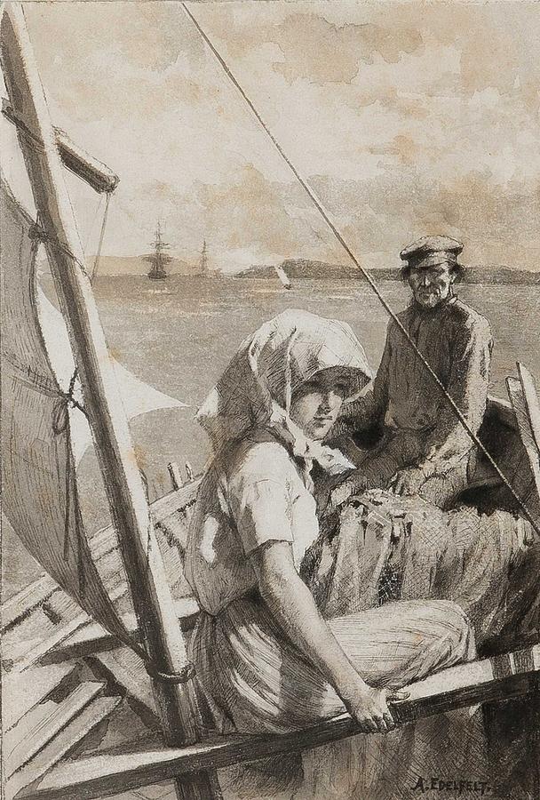 Albert Edelfelt,  At Sea, Charitable Wash Drawing #1 Painting by Celestial Images