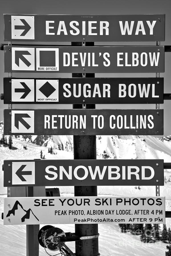 Alta Snowbird Connection Directions Black And White Photograph by Adam Jewell
