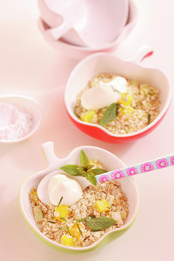 Amaranth And Quinoa Muesli With Pineapple, Mango, Coconut Flakes, Mint And Yoghurt #1 Photograph by Teubner Foodfoto