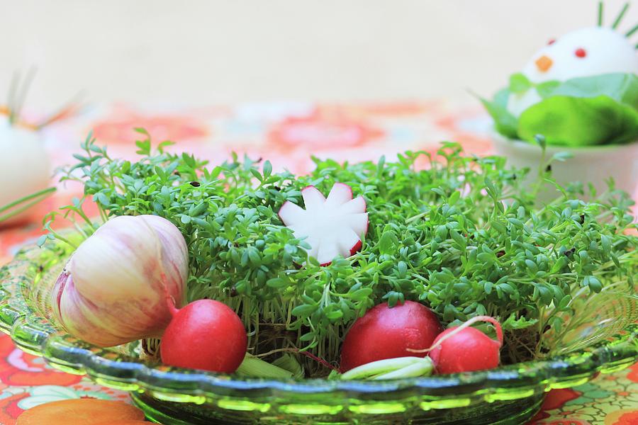 An Easter Nest Made From Cress With Carrots, Radishes And Garlic For An Easter Breakfast #1 Photograph by Ruth Laing