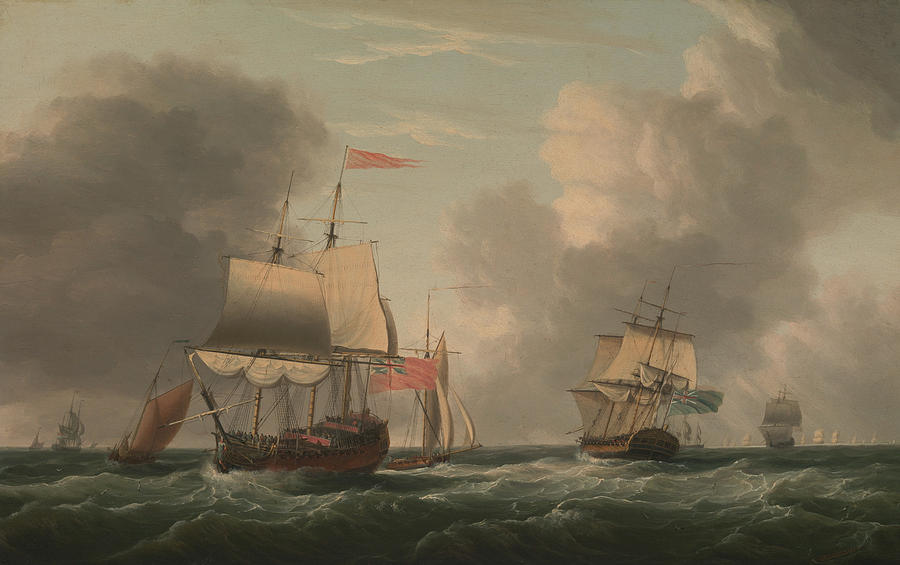 Dominic Serres Painting - An English Two-Decker Lying Hove to, with Other Ships and Vessels in a Fresh Breeze #1 by Dominic Serres