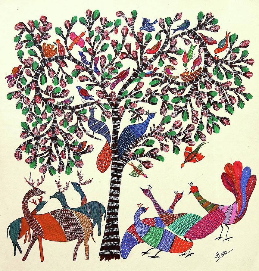 Ancient Gond Arts On Handmade Paper Painting by Harpreet Kaur Punn ...