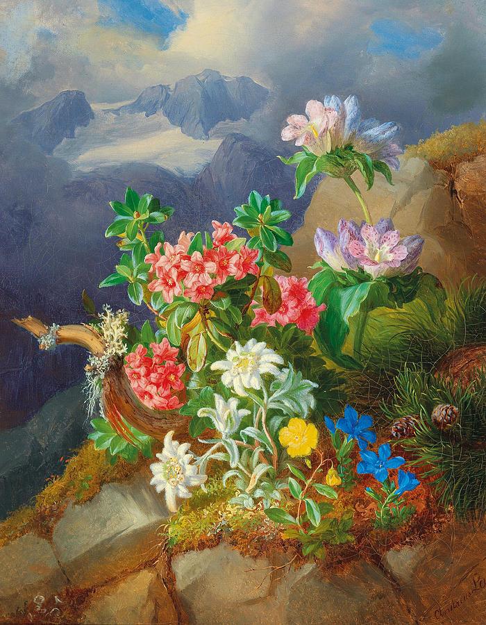 Andreas Lach Eisgrub 1817-1882 Vienna Alpine flowers, in the background the Dachstein massif #1 Painting by Andreas Lach