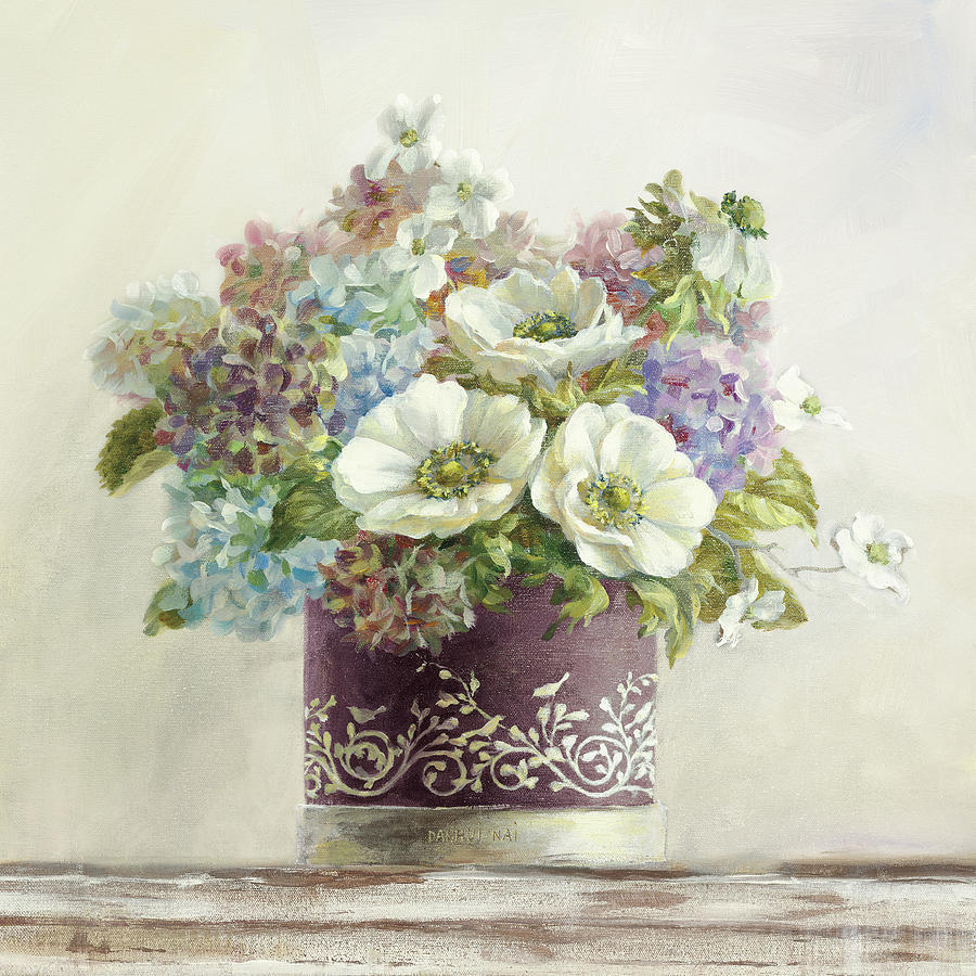 Flower Painting - Anemones In Aubergine Hatbox #1 by Danhui Nai