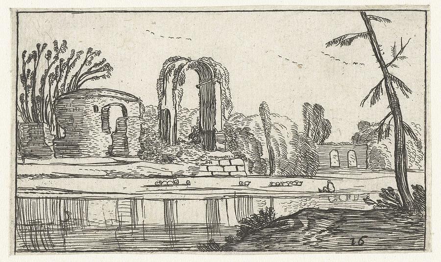 Antique ruins near a river, Esaias van de Velde, 1617 #1 Painting by Esaias van de Velde