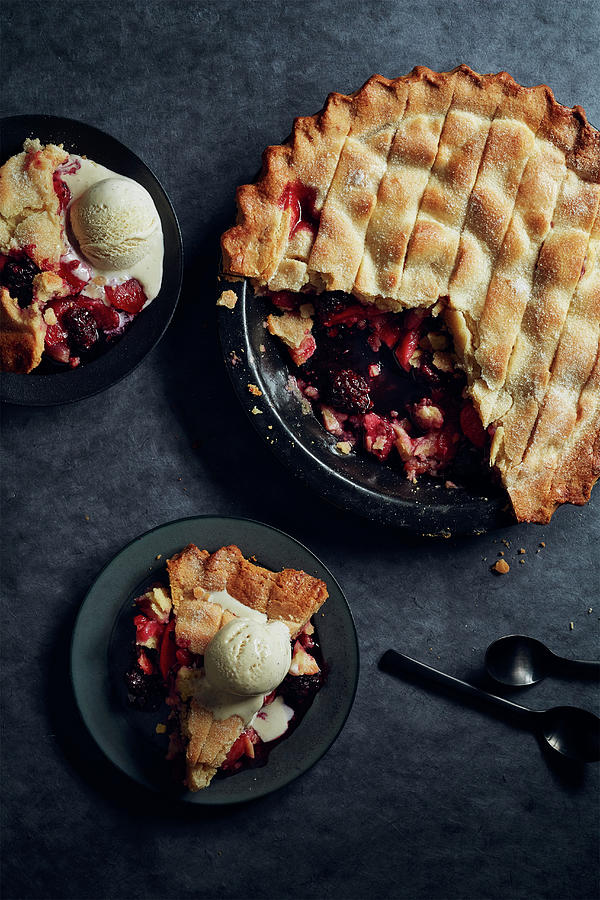 Apple And Blackberry Pie With Ice Cream #1 Photograph by Jonathan Gregson