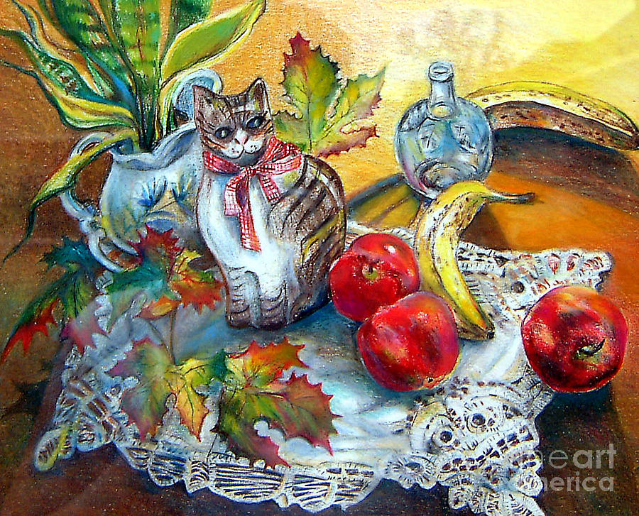 Apple Cat Painting by Linda Shackelford