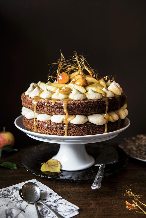 Apple & Toffee Cake On A Cake Stand #1 Photograph by Magdalena Hendey