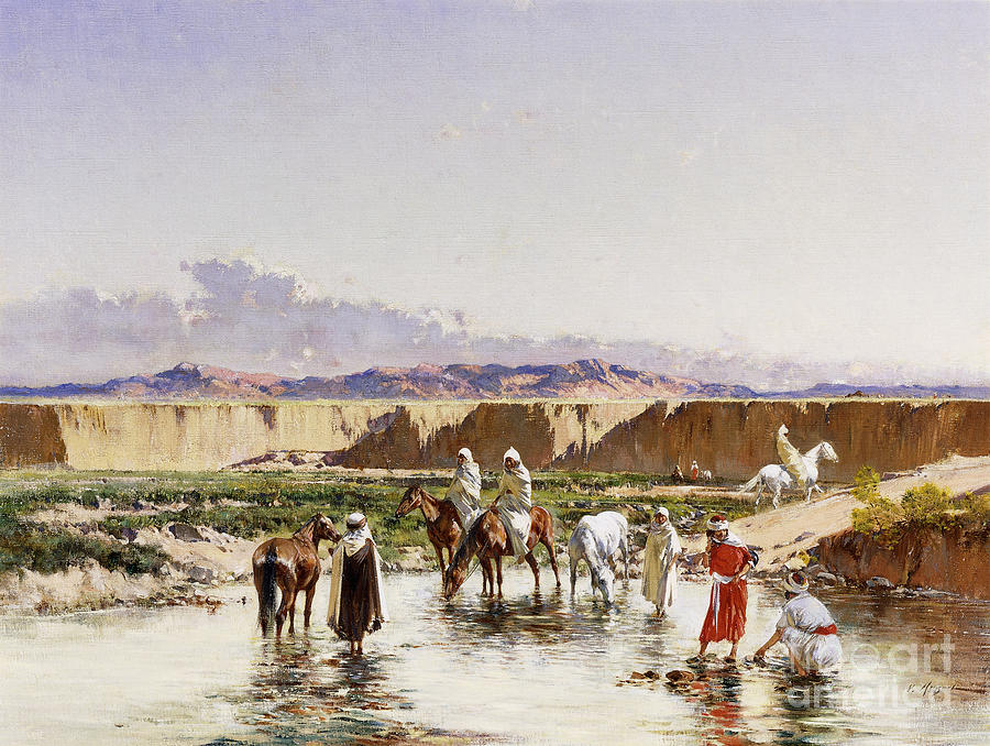 Arab Horsemen Watering In An Oasis Painting by Victor-pierre Huguet ...