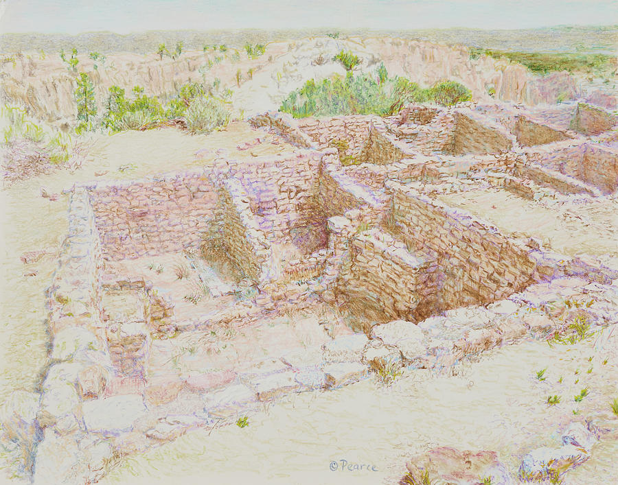 Atsinna Pueblo Ruins Drawing by Edward Pearce
