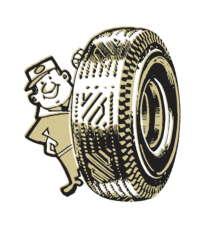Transportation Drawing - Auto Mechanic with Oversize Car Tire #1 by CSA Images