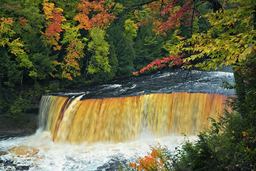 Autumn Colors Frame Tahquamenon Falls. Photograph by Larry Geddis