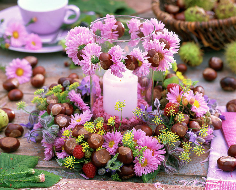 Autumn Wreath With Asters, Chestnuts And Fruits #1 Photograph by Friedrich Strauss
