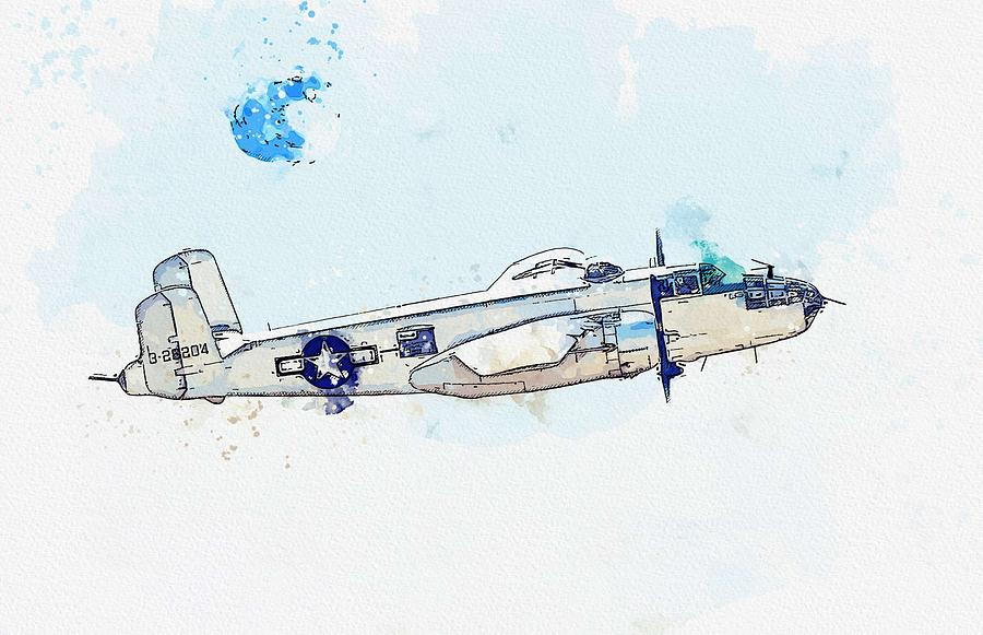 B-25J Mitchell 2 watercolor by Ahmet Asar #1 Painting by Celestial Images