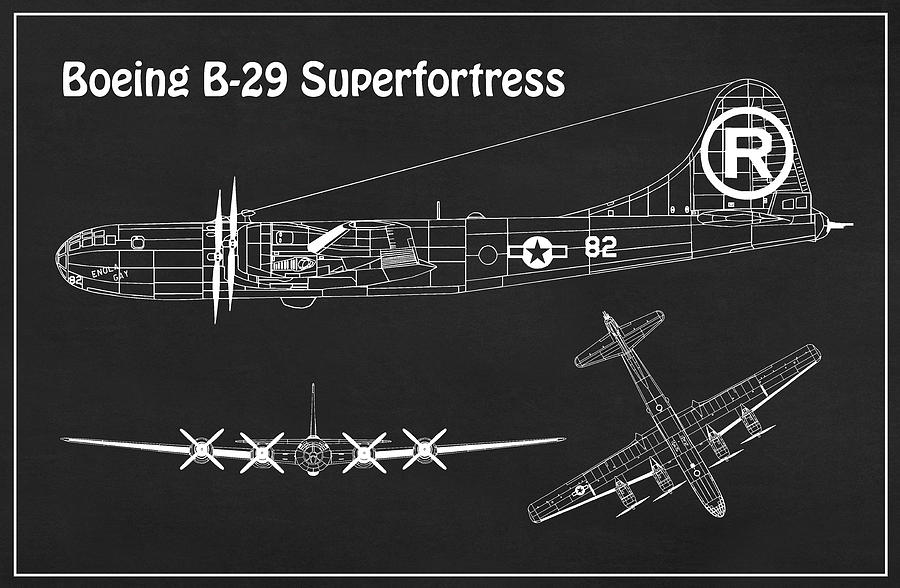Transportation Drawing - B-29 Superfortress Enola Gay - Airplane Blueprint. Drawing Plans for the Boeing B-29 Superfortress #1 by SP JE Art