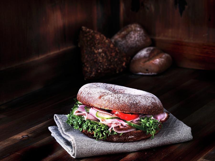 Bagel With Ham And Cress #1 Photograph by Waldecker, Axel