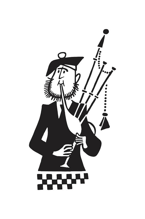 Black And White Drawing - Bagpipe Player #1 by CSA Images