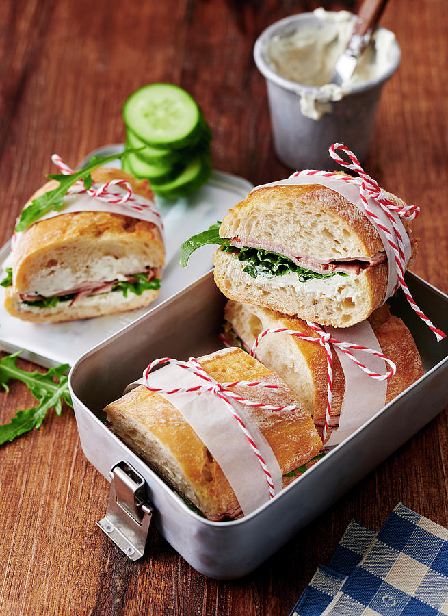 Baguette Sandwiches With Meatloaf, Horseradish, Cream Cheese And Arugula In A Lunchbox #1 Photograph by Stefan Schulte-ladbeck