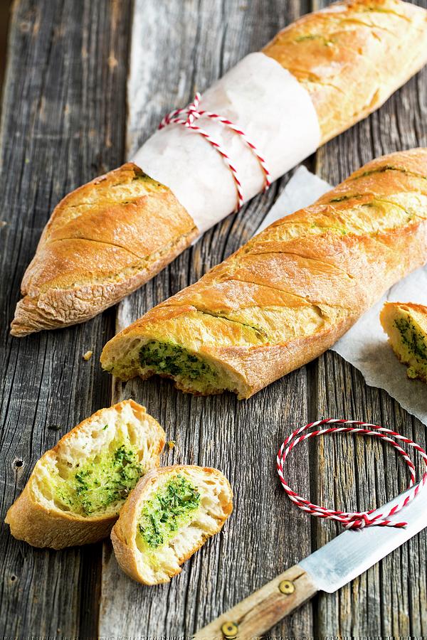 Baguettes With Homemade Herb Butter For A Barbecue #1 Photograph by Sandra Krimshandl-tauscher