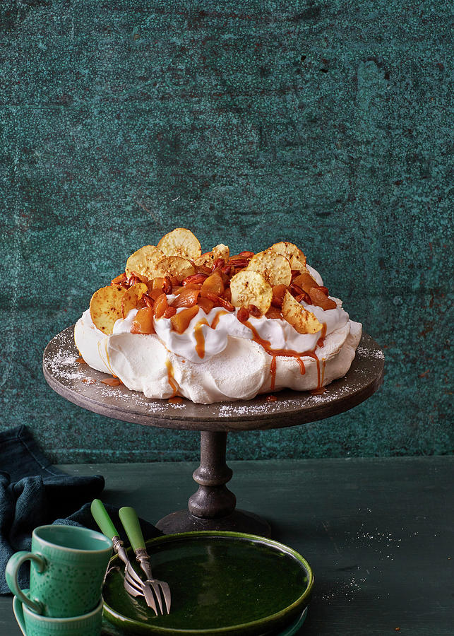 Baked Apple Pavlova With Apple Chips And Caramel #1 Photograph by Julia Stockfood Studios / Hoersch