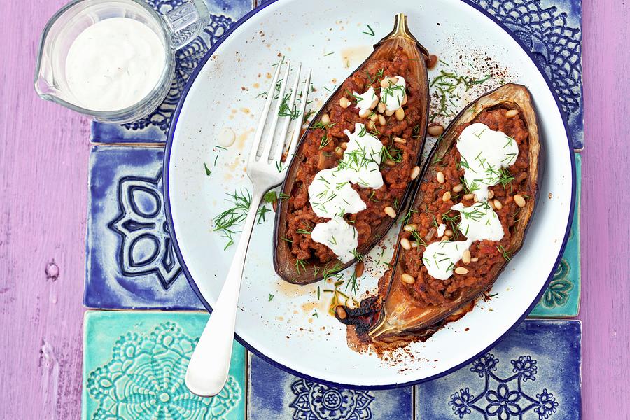 Baked Aubergines Stuffed With Minced Meat, Pine Nuts And Yoghurt #1 Photograph by Rua Castilho