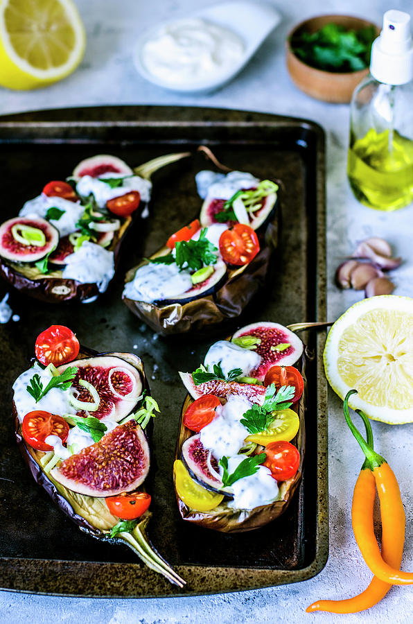 Baked Eggplants With Cherry Tomatoes, Figs, Parsley And Yogurt With Chia Seeds #1 Photograph by Gorobina