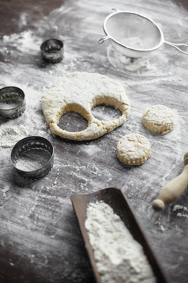 Baking Preparation With Scone Dough And Pastry Cutters On Table Digital