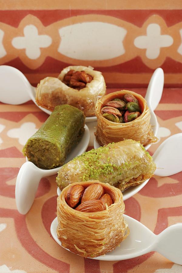 Baklava And Turkish Nut Cakes On Canap Spoons #1 Photograph by Petr Gross