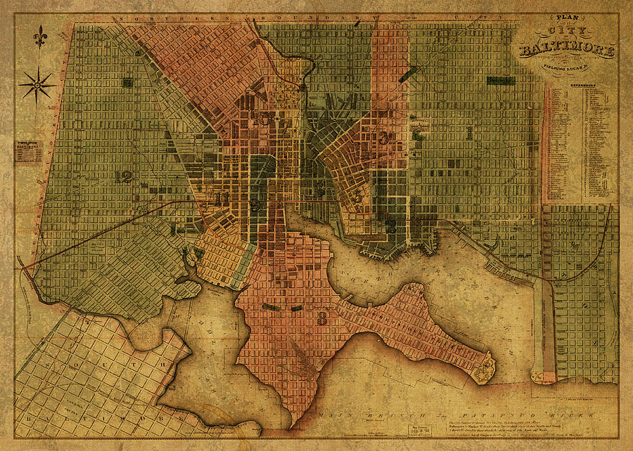 Baltimore Mixed Media - Baltimore Maryland Vintage City Street Map 1836 #1 by Design Turnpike