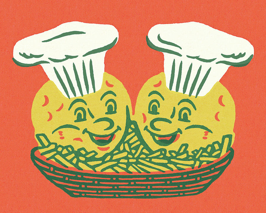 Vintage Drawing - Basket of Hamburger Characters and French Fries #1 by CSA Images